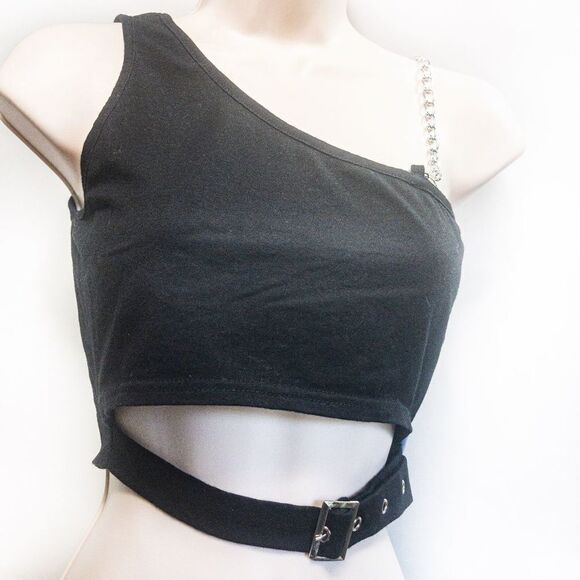 ZAFUL Black One Shoulder Chain Hollowed Out Tank Sz 6 - Picture 4 of 10